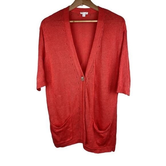 J. Jill Love Linen S Orange 100% Linen 1/2 Sleeve Duster Cardigan Sweater - Picture 1 of 7